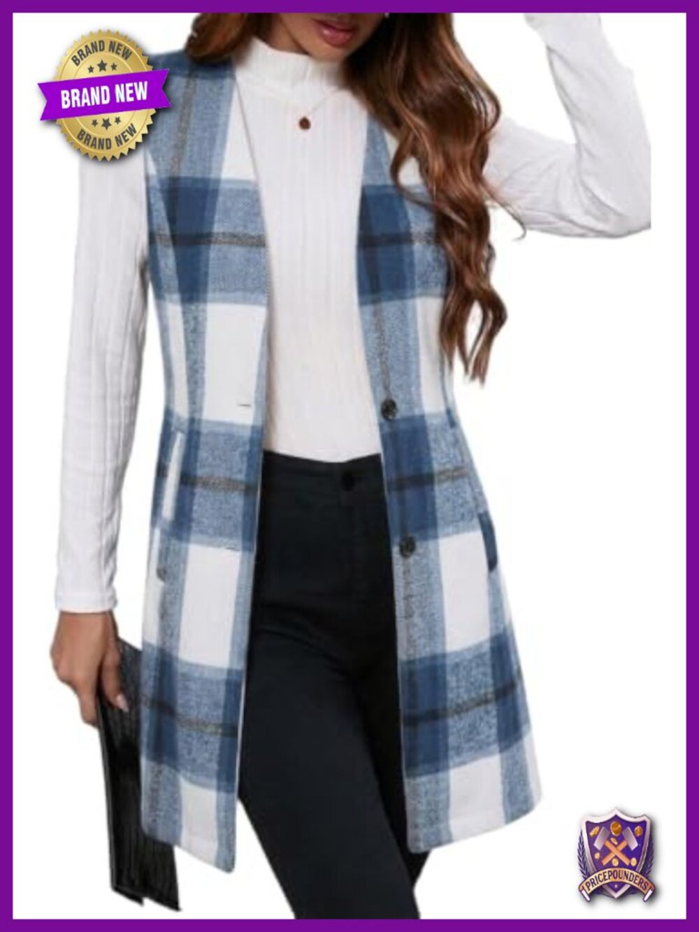 Long Plaid Vest Women Sleeveless Trench Coat Button Down Cardigan